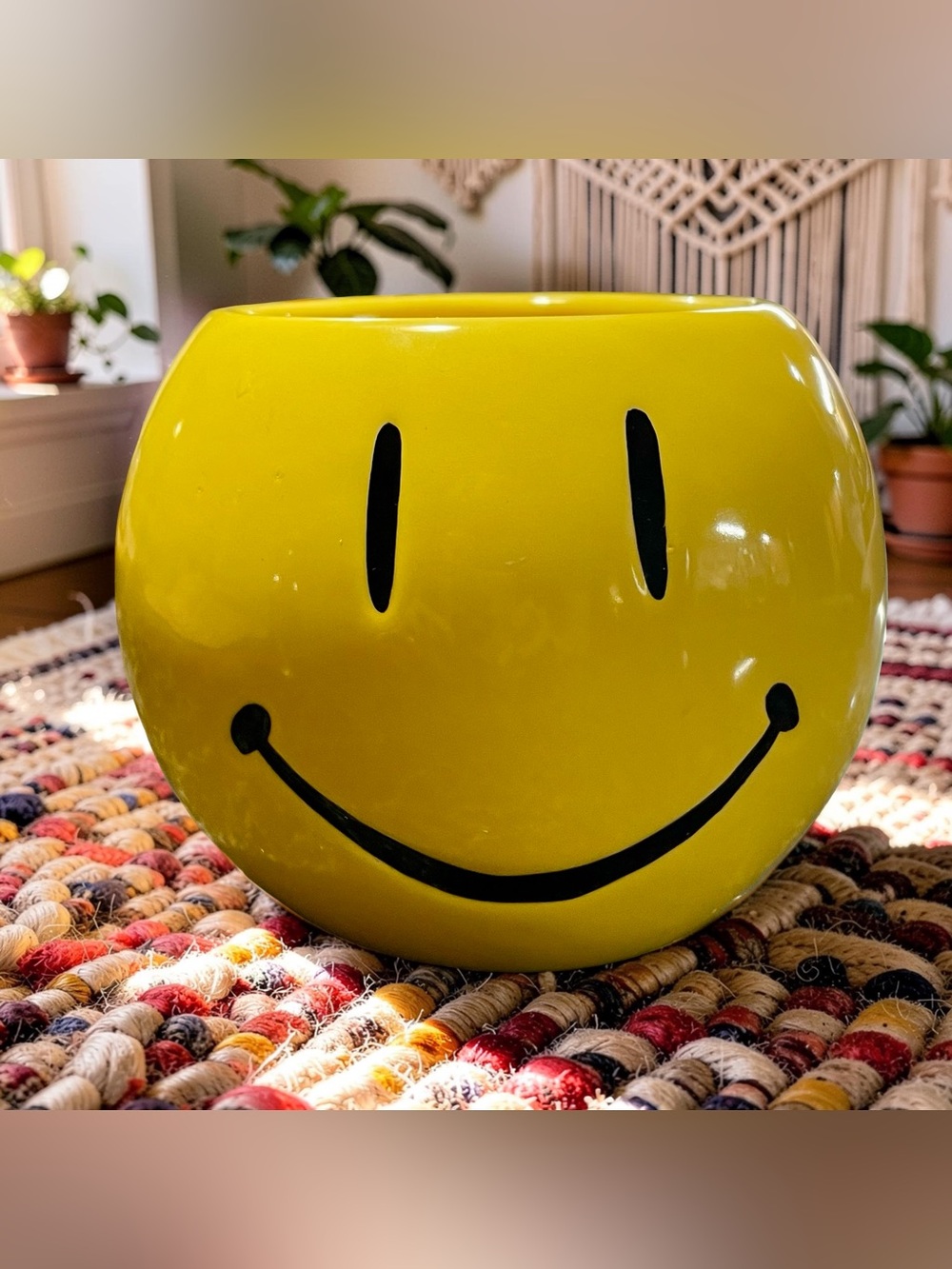 Vintage Yellow Smiley Face Ceramic Planter-Retro and Fun